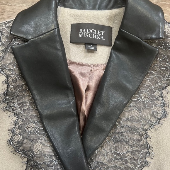 Badgley Mischa Wool Dress Coat Mixed Media Lace Leather Accents Sz S Taupe/Black - Picture 4 of 16